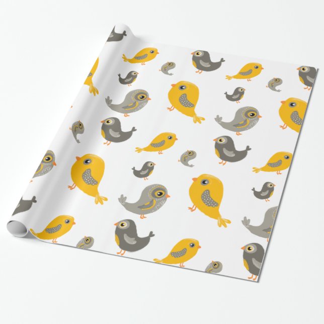 Cute birds - yellow and gray wrapping paper (Unrolled)