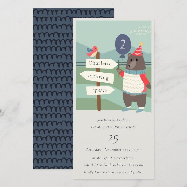 Cute Birdy Bear Milestone Any Age Birthday Invite (Front/Back)