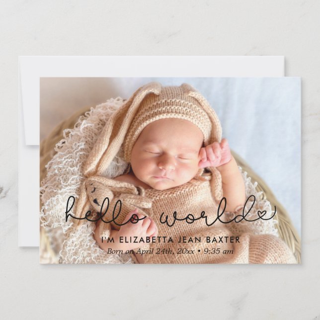 Cute birth announcement photo card - Hello world (Front)