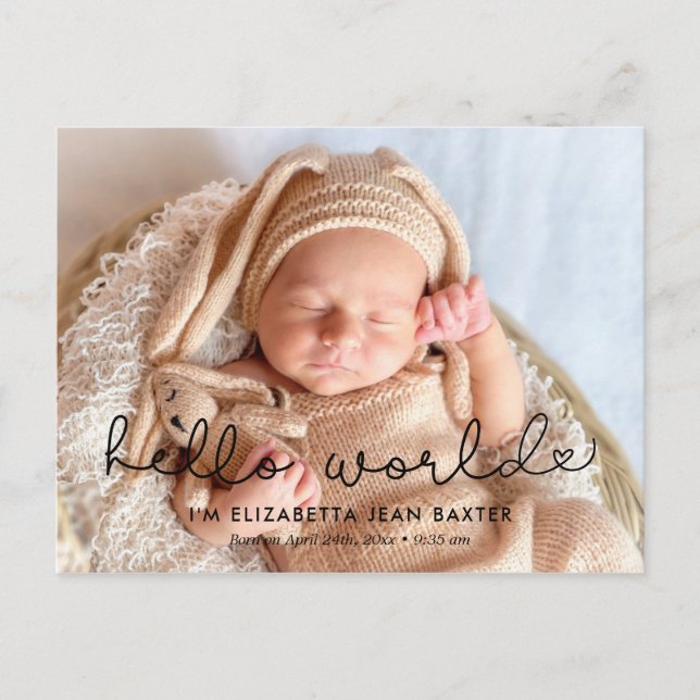 Cute birth announcement photo - Hello world Postcard (Front)