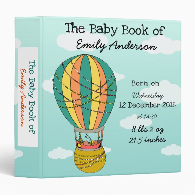 Cute Birth Stats Sleeping Bird in Hot Air Balloon 3 Ring Binder (Front/Spine)