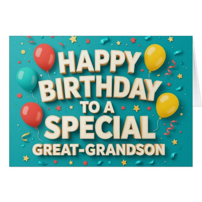 Cute Birthday Balloons Card for Great Grandson (Front Horizontal)
