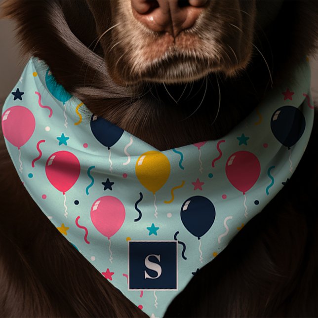 Cute Birthday Balloons Monogram Dog Bandana (Creator Uploaded)