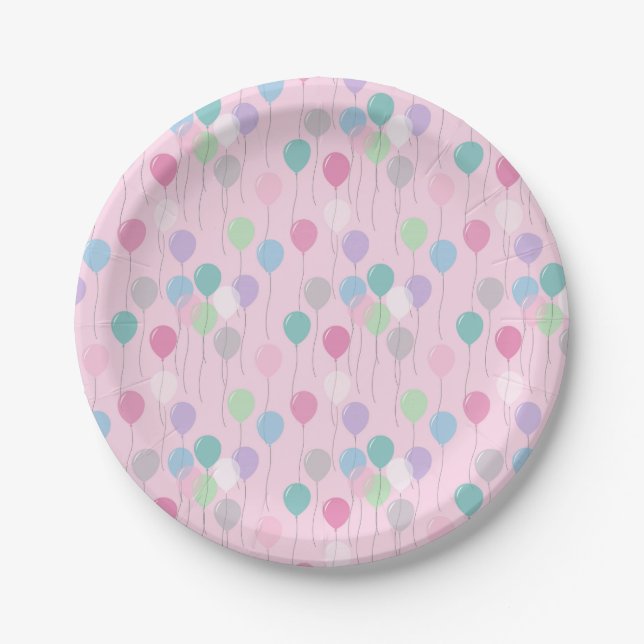 Cute Birthday Balloons Pattern on Pink Background Paper Plates (Front)