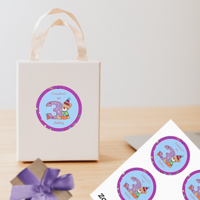 Cute Birthday Bear Age 3 Classic Round Sticker (Creator Uploaded)