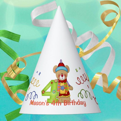 Cute Birthday Bear Age 4 Party Hat