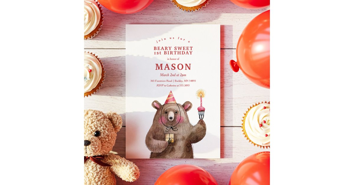 Cute Birthday Bear Beary Sweet Birthday Party Invitation | Zazzle