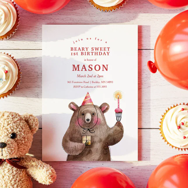 Cute Birthday Bear Beary Sweet Birthday Party Invitation | Zazzle