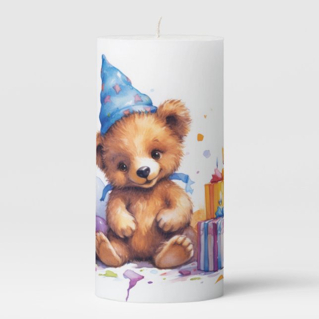 Cute Birthday Bear  Pillar Candle (Front)