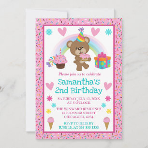 Cute Birthday Bear & Rainbow & Cake Invitation
