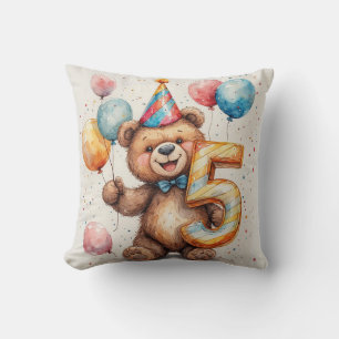 Cute Birthday Bear With Balloons And Party Hat Throw Pillow