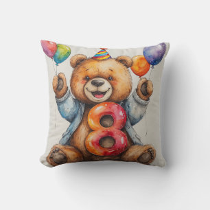 Cute Birthday Bear With Balloons And Party Hat Throw Pillow