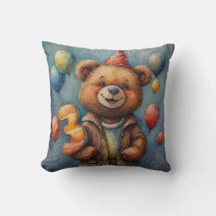 Cute Birthday Bear With Balloons And Party Hat Throw Pillow