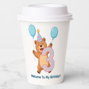 Cute Birthday Bear With Party Hat And Balloons Paper Cups