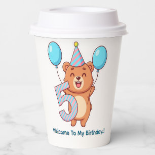 Cute Birthday Bear With Party Hat And Balloons Paper Cups
