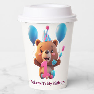 Cute Birthday Bear With Party Hat And Balloons Paper Cups
