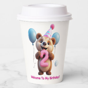 Cute Birthday Bear With Party Hat And Balloons Paper Cups