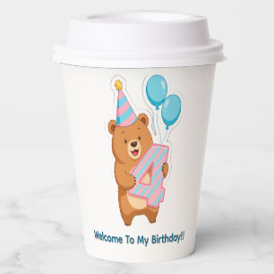 Cute Birthday Bear With Party Hat And Balloons Paper Cups