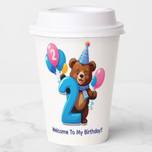 Cute Birthday Bear With Party Hat And Balloons Paper Cups