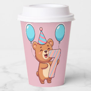 Cute Birthday Bear With Party Hat And Balloons Paper Cups