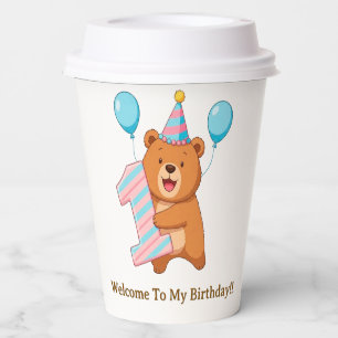 Cute Birthday Bear With Party Hat And Balloons Paper Cups