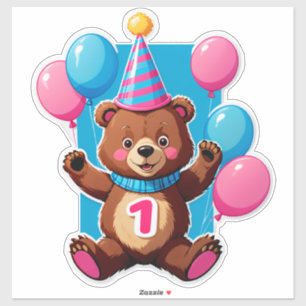 Cute Birthday Bear With Party Hat And Balloons Sticker