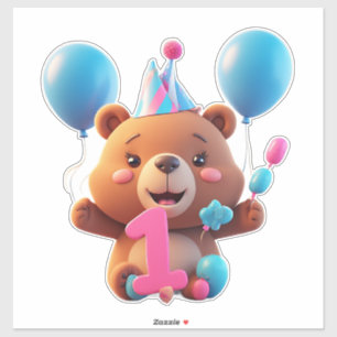 Cute Birthday Bear With Party Hat And Balloons Sticker