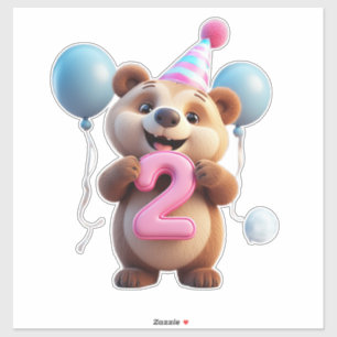 Cute Birthday Bear With Party Hat And Balloons Sticker