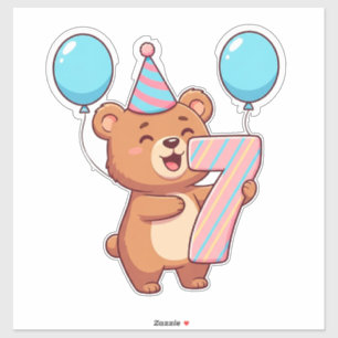 Cute Birthday Bear With Party Hat And Balloons Sticker