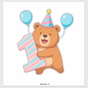 Cute Birthday Bear With Party Hat And Balloons Sticker