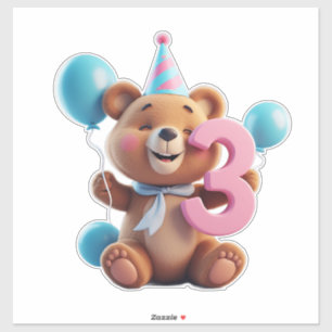 Cute Birthday Bear With Party Hat And Balloons Sticker