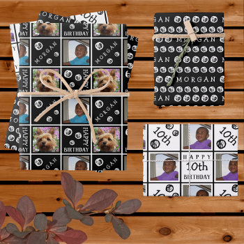 Cute Birthday Black White 3 Photo Any Age Add Name Wrapping Paper Sheets by ArtfulDesignsByVikki at Zazzle