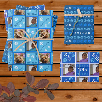 Cute Birthday Blue 3 Photo Any Age Add Name Wrapping Paper Sheets by ArtfulDesignsByVikki at Zazzle