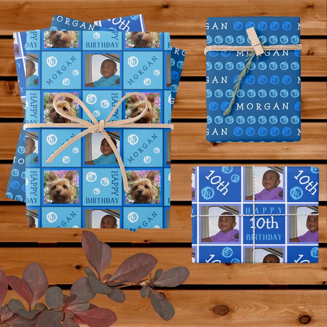 Cute Birthday Blue 3 Photo Any Age Add Name Wrapping Paper Sheets (Creator Uploaded)