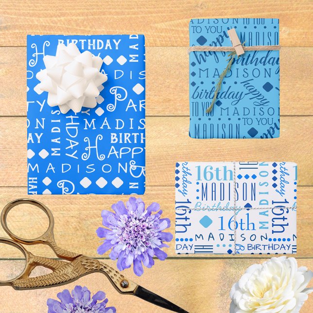 Cute Birthday Blue Any Age Add Childs Name Wrapping Paper Sheets (So easy to customize, these typography Birthday wrapping paper sheets will bring WOW to the party.)