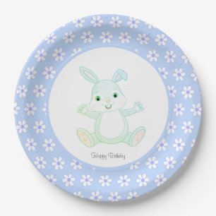 Cute Birthday Bunny & Flowers on Light Blue Paper Plates