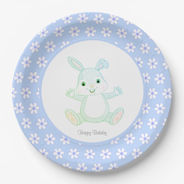 Cute Birthday Bunny & Flowers on Light Blue Paper Plates (Front)