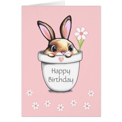 Cute Birthday Bunny  Flowers on Light Pink