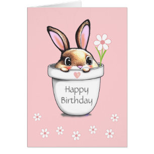 Cute Birthday Bunny & Flowers on Light Pink Cards