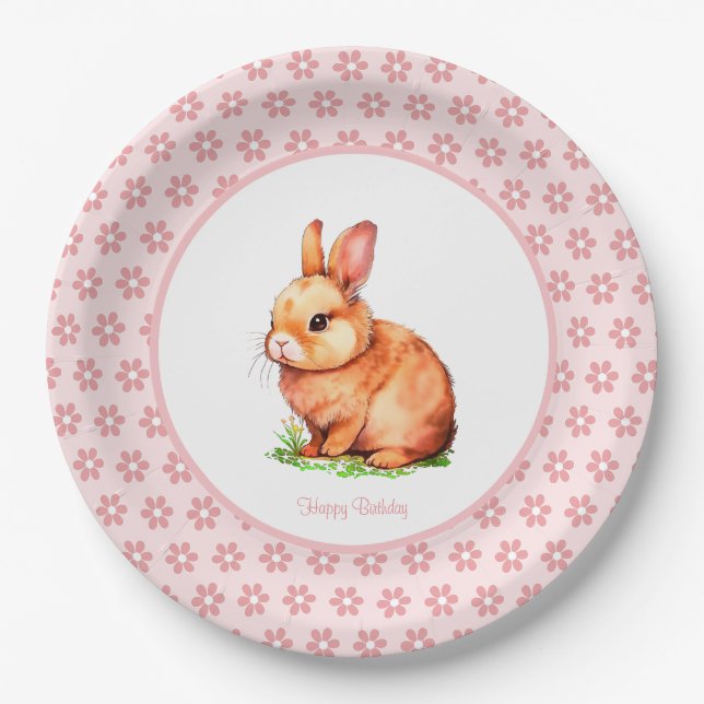 Cute Birthday Bunny & Flowers on Light Pink Paper  Plates (Front)