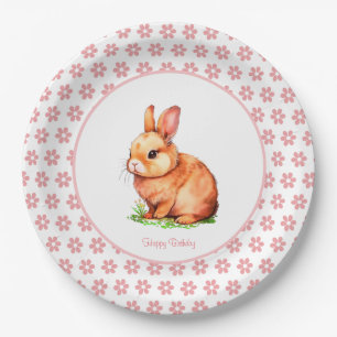 Cute Birthday Bunny & Flowers on White Paper Plates