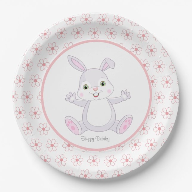 Cute Birthday Bunny & Flowers Paper Plates (Front)