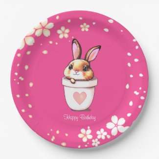 Cute Birthday Bunny Plant Pot & Flowers on Magenta