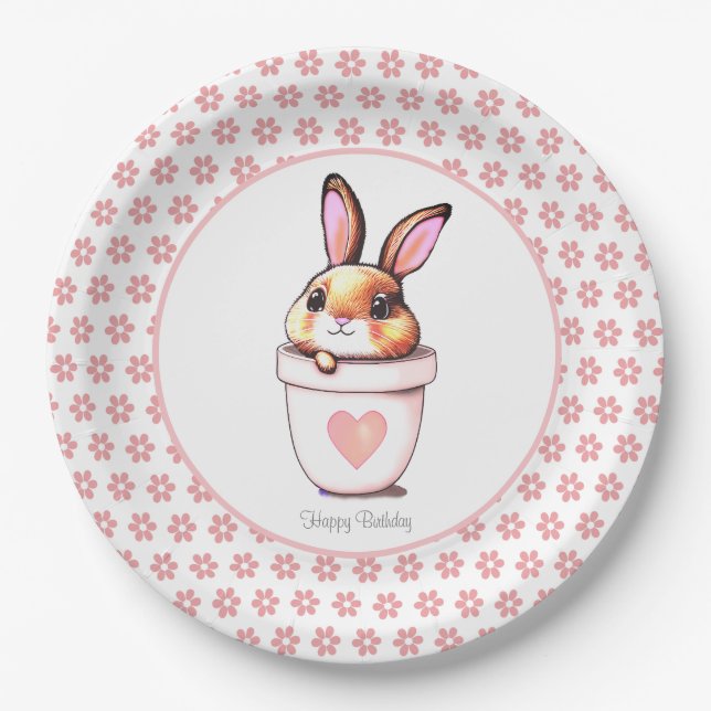 Cute Birthday Bunny Plant Pot & Flowers on White Paper Plates (Front)