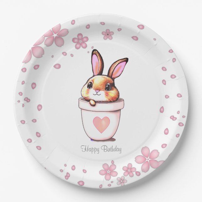 Cute Birthday Bunny Plant Pot & Flowers Paper Plates (Front)