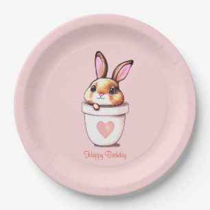 Cute Birthday Bunny Plant Pot on Light Pink Paper Plates