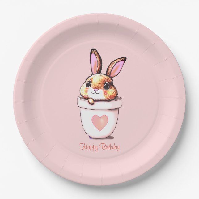 Cute Birthday Bunny Plant Pot on Light Pink Paper Plates (Front)