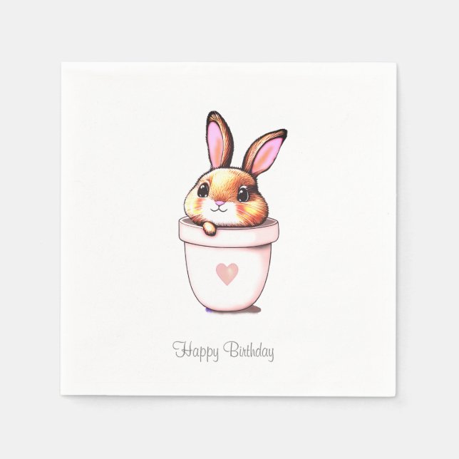 Cute birthday bunny plant pot with heart  napkins (Front)
