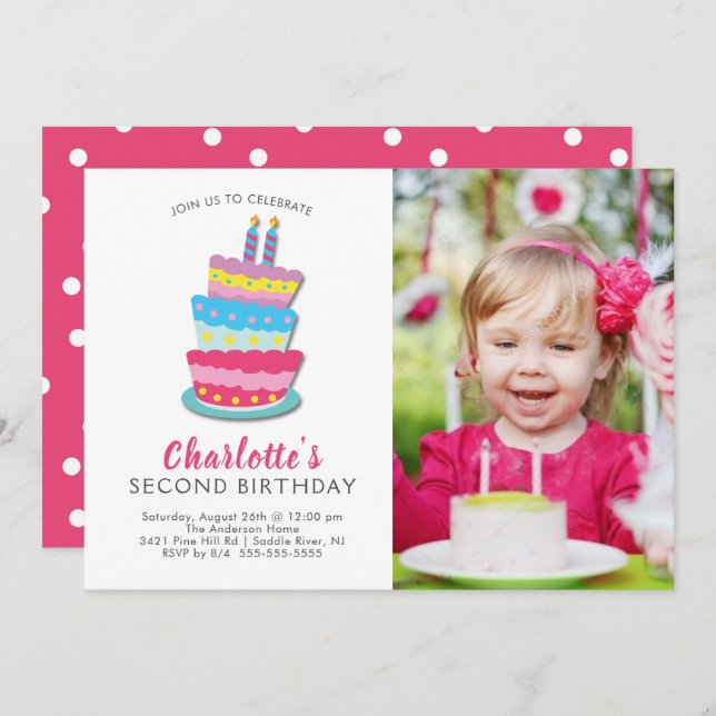Cute Birthday Cake 2nd Birthday Invitation (Front/Back)