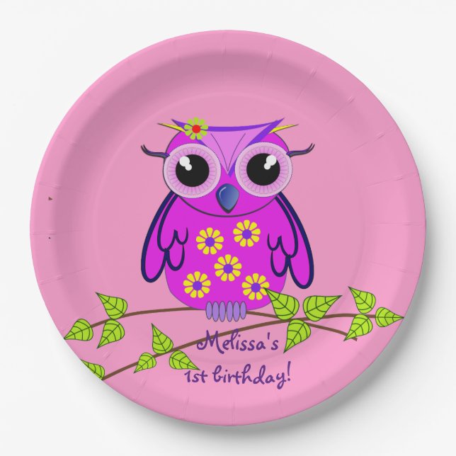 Cute Birthday Cake topper with Owl and Text Paper Plates (Front)